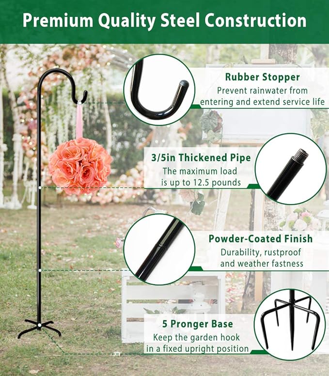 Artibear Adjustable Outdoor Shepherd Hook Stand with 5 Prong Base, 76 Inches Tall 3/5 in Thick, Shiny Black (2 Packs)