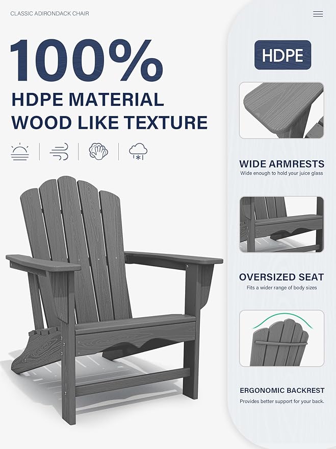KINGYES HDPE Adirondack Chair Set of 8, Classic Oversize Adirondack Chair, Grey