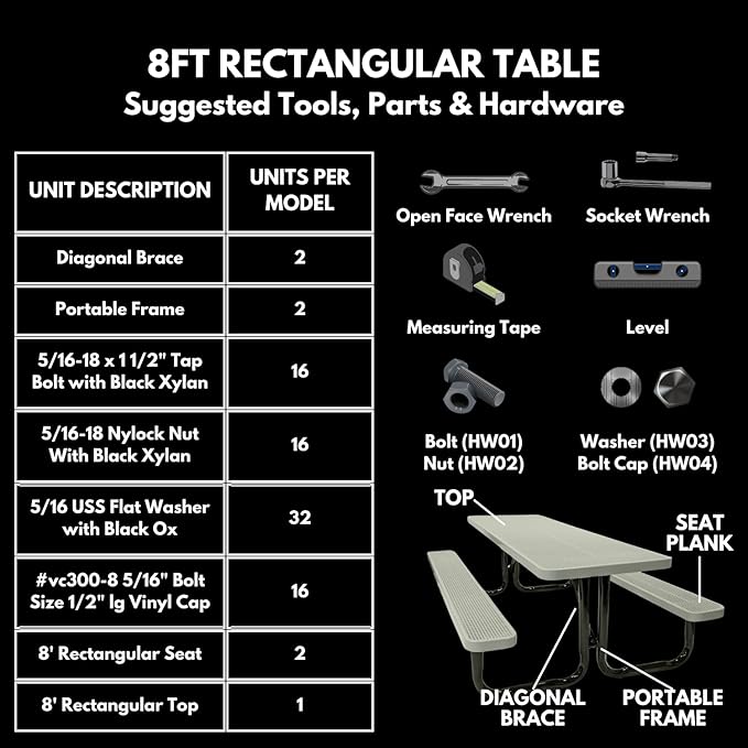 T8-TXTDBL Heavy Duty Rectangular Portable Picnic Table, 8 Ft, Textured Dark Blue, Made in America