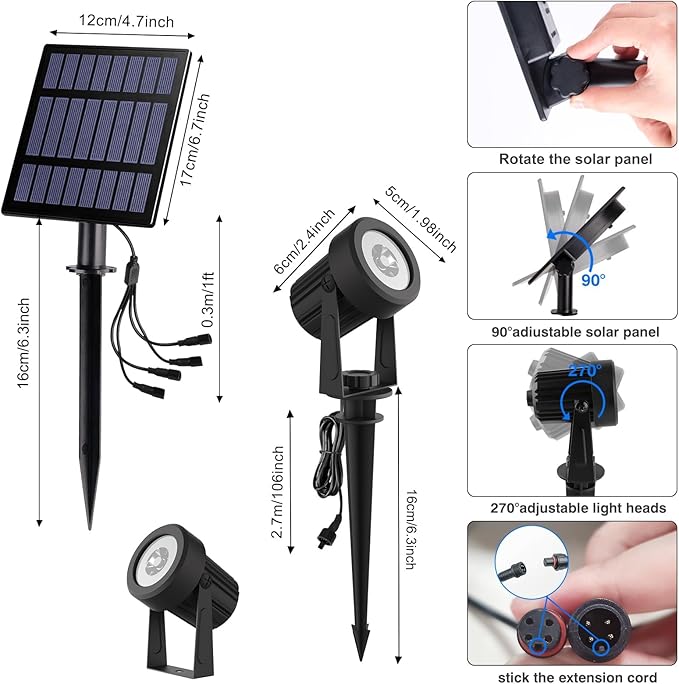 T-SUNUS Solar Garden Spotlight White Outdoor, 4-in-1 Solar Spot Lights 6000K IP65 Waterproof 9.8ft Cable, 5W Separated Solar Panel, Auto On/Off for Tree Patio Yard Driveway Pathway Pool Area
