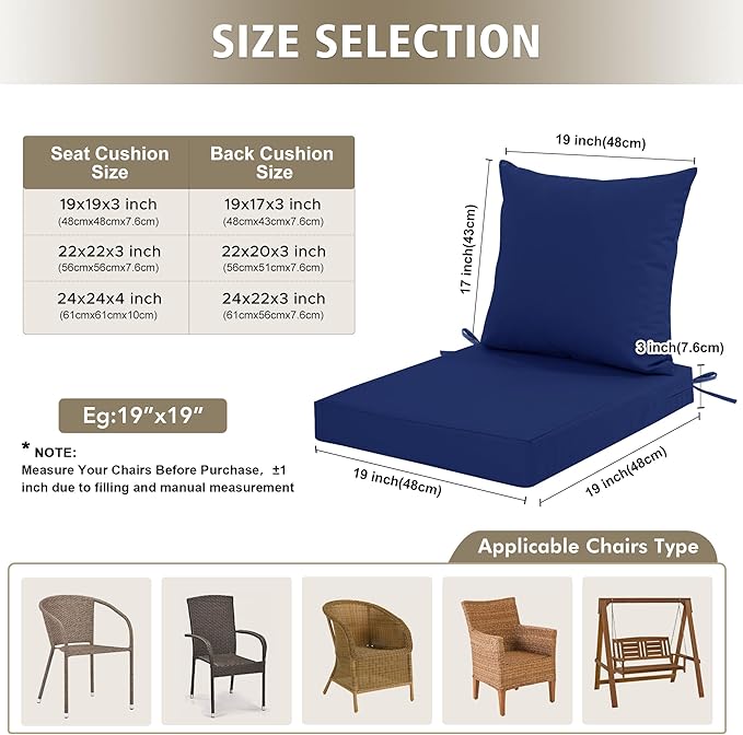 24x24 Inch Outdoor Cushions for Patio Furniture, Waterproof Outdoor Chair Cushions w/Fade-Resistant, Removable & Machine-Washable Cover, Deep Seat Sofa/Couch Pad Replacement – Set of 1/2/4, Navy Blue