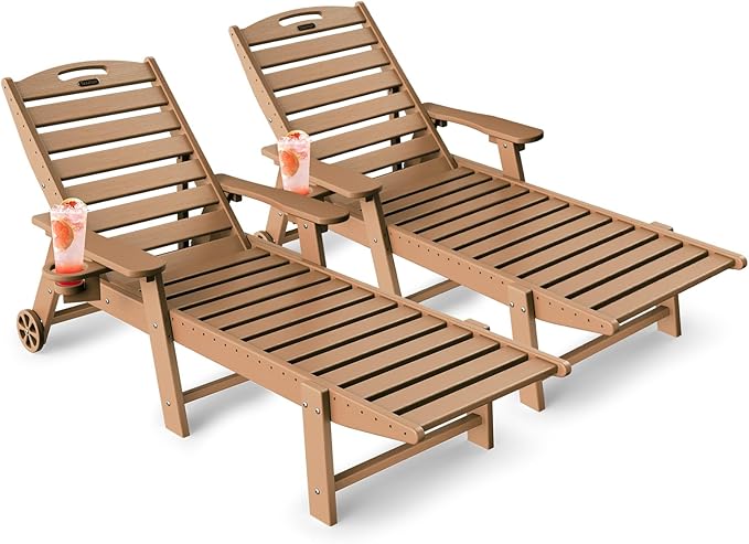 Lounge Chair Outdoor Set of 2, HDPE Chaise Lounge Outdoor with 6-Position & Wheels &Cup Holder, Pool Lounge Chair for Pool Poolside Deck Backyard Patio, Teak