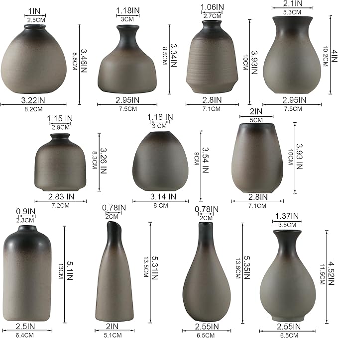 JOJUNO Rustic Bud Vase, Ceramic Small Vase Set of 11, Mini Vases for Fresh and Dried Flowers, Modern Farmhouse Home Decor, Pottery Vases for Living Room, Shelves, Centerpieces for Dining Table