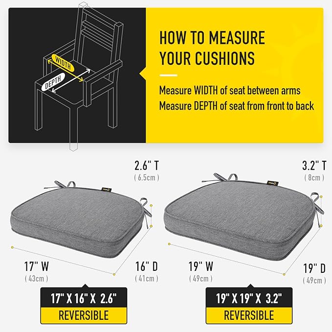 SUNROX Gel Memory Foam Chair Cushions, FadeShield Water-, Stain-Resistant Durable Reversible Seat Cushion Pads with Ties for Indoor/Outdoor Kitchen Dining Office 17"x16" Set of 6, Heather Charcoal