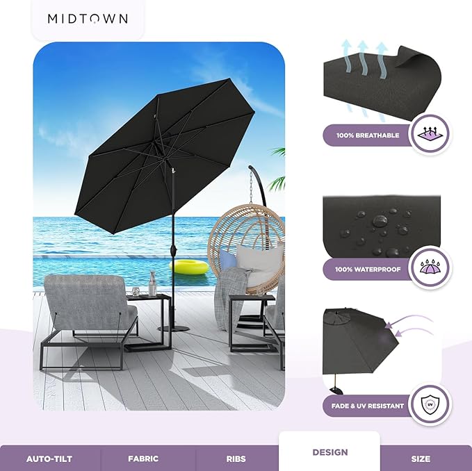Midtown Umbrellas Sunbrella Umbrella 8 Feet Outdoor Umbrella With Sunbrella Black Acrylic Fabric - Auto-Tilt Aluminum Frame Patio Umbrella For Backyard, Deck, Garden, Pool - Black Pole