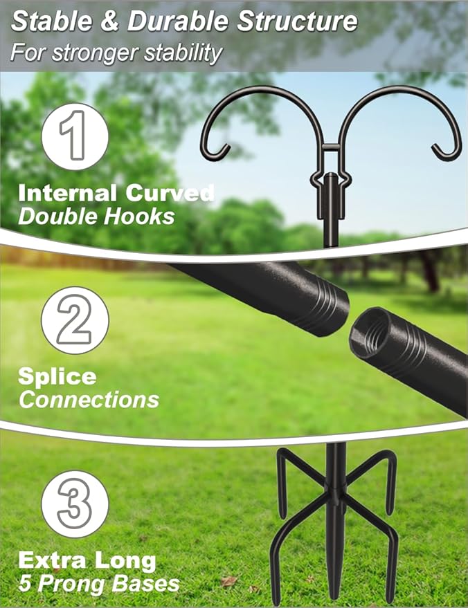 Outdoor Double Shepherds Hook with 5 Prong Base, 92 Inch Adjustable Heavy Duty Two Sided Bird Feeder Pole Stand for Hanging Plant Baskets, Solar Light Lanterns, Hummingbird Feeder, 1 Pack