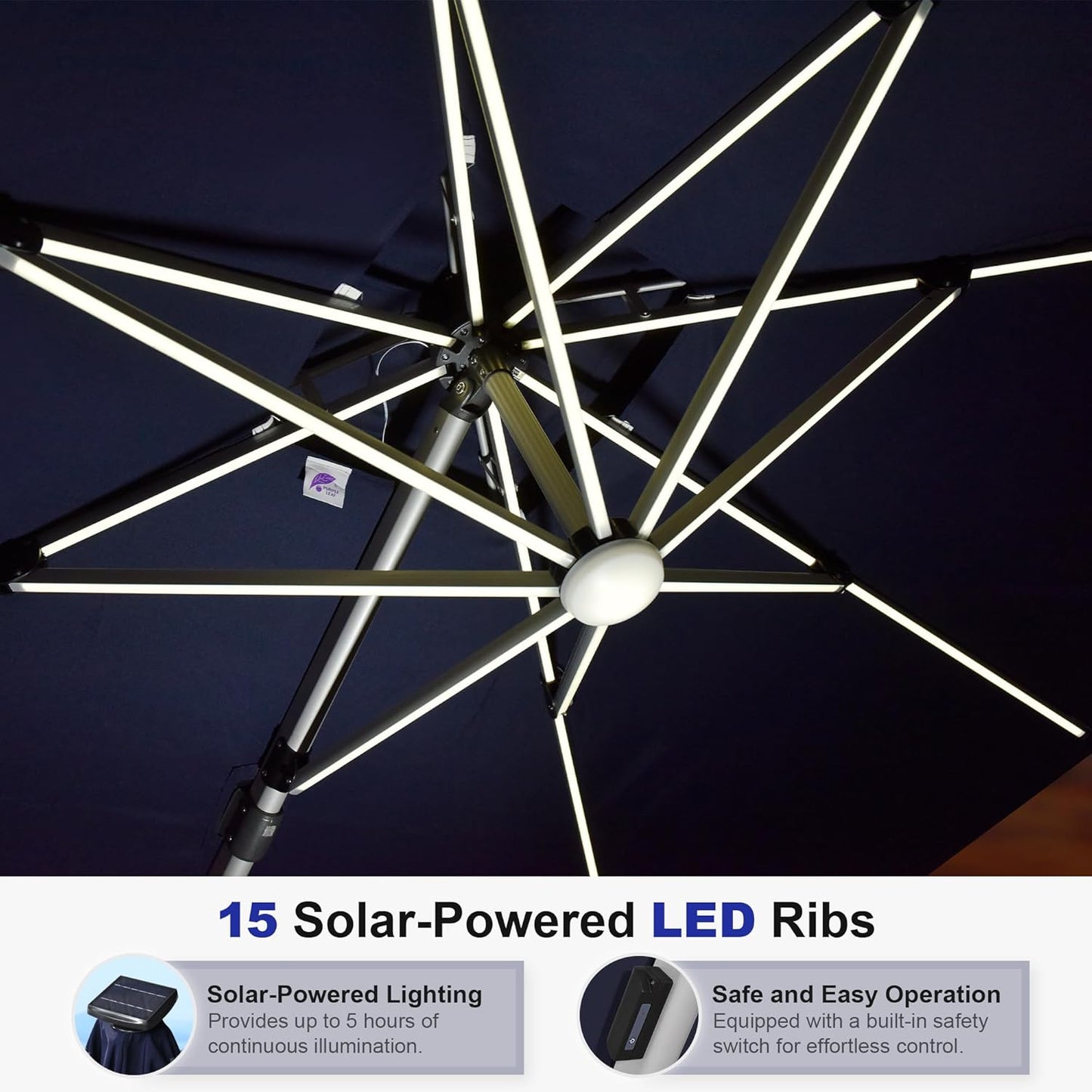 PURPLE LEAF 9' X 12' Double Top Deluxe Solar Powered LED Rectangle Patio Umbrella Offset Hanging Umbrella Outdoor Market Umbrella Garden Umbrella,Navy Blue