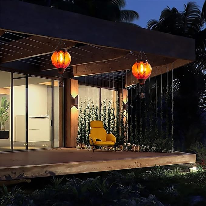 pearlstar Hot Air Balloon Solar Lantern with Flickering Flame Light Outdoor Solar Hanging Lights Waterproof for Garden Yard Farmhouse Patio Outside Decoration, Stained Glass Gradient Orange