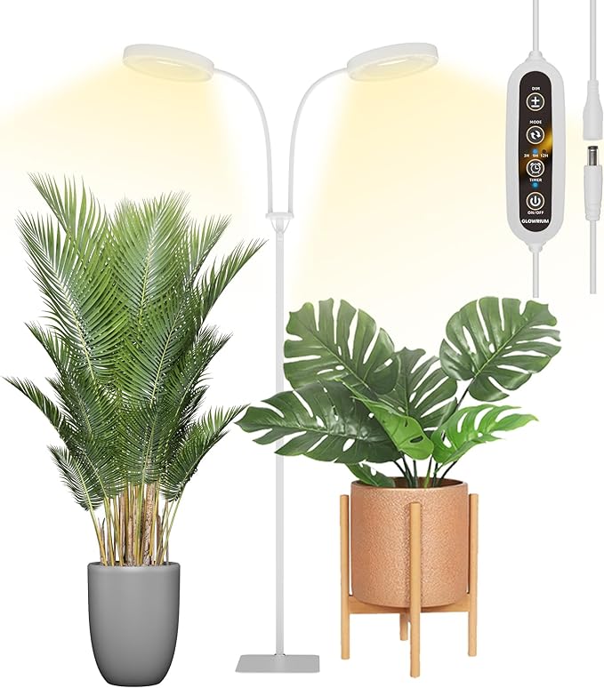 GLOWRIUM Grow Light with Stand,2-Head LED Plant Light for Indoor Plants, Full Spectrum Grow Lamp, 3/9/12H Timer, 6 Dimmable Levels, 3 Lighting Mode, Adjustable Height White