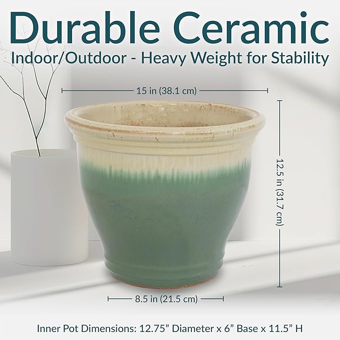 Sunnydaze Studio Large Ceramic Plant Pot - Round Outdoor Glazed Ceramic Planter Pot with Drainage - Seafoam - 14.5"