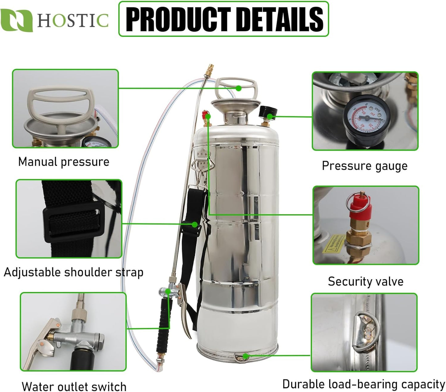 1 Gallon Stainless Steel Sprayer Hand Pump Sprayer with Pressure Gauge Safety Valve Adjustable Nozzle for Gardening Lawn and Cleaning