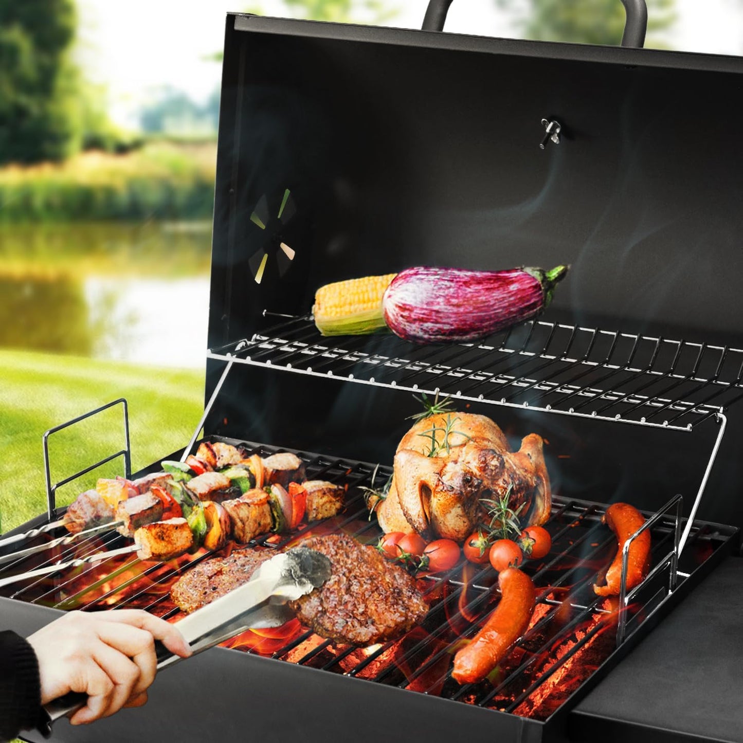 Charcoal Grill Outdoor BBQ Grill, Barrel Charcoal Grills with Side Table, with Nearly 500 Sq.In. Cooking Grid Area, Outdoor Backyard Camping Picnics, Patio and Parties, Black