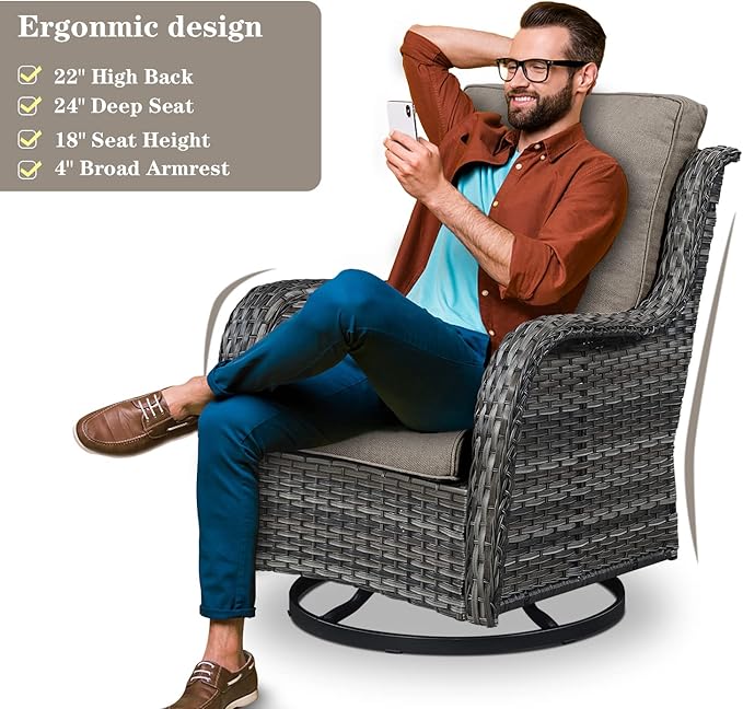 Wicker Patio Furniture Sets - 8 Piece Outdoor Rattan Furniture Conversation Sets with 4 Swivel Rocker Chairs, Rattan Sofa, Wicker Ottomans and Coffee Table, Mixed Grey/Grey