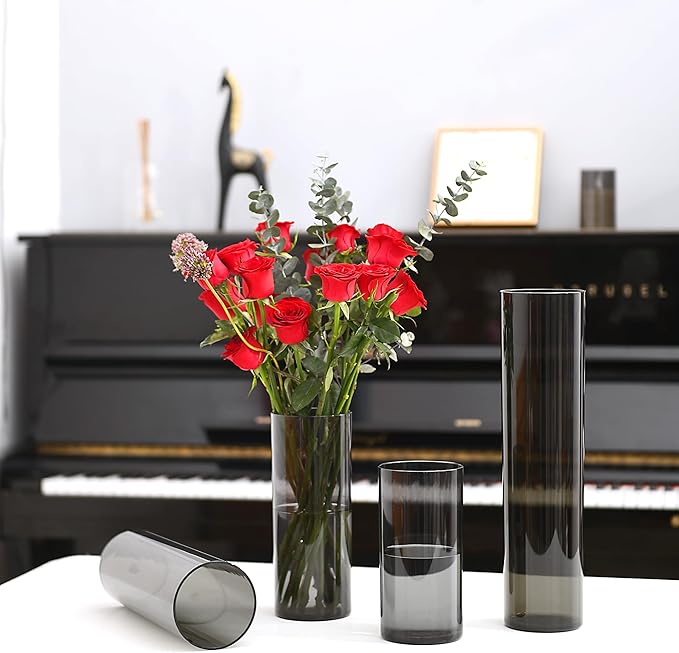 Flower Vase, Non-breakable Vases, 4" W x 8" H, Acrylic Grey Vase, Aesthetic Room Decor Cylindrical Modern Flower Vases for Table Centerpiece, Home Decor, Women Floral Arrangement Gift