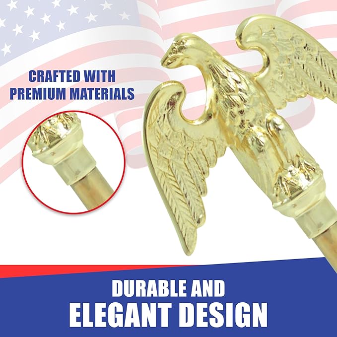 Super Tough Indoor Flag Pole kit 8ft - Metal Eagle - Gold Texture Base - Aluminum Flagpole with Brass Finish - Heavy Duty Inside House Flagstaff - Interior Shaft and Stand - No Ensign Included