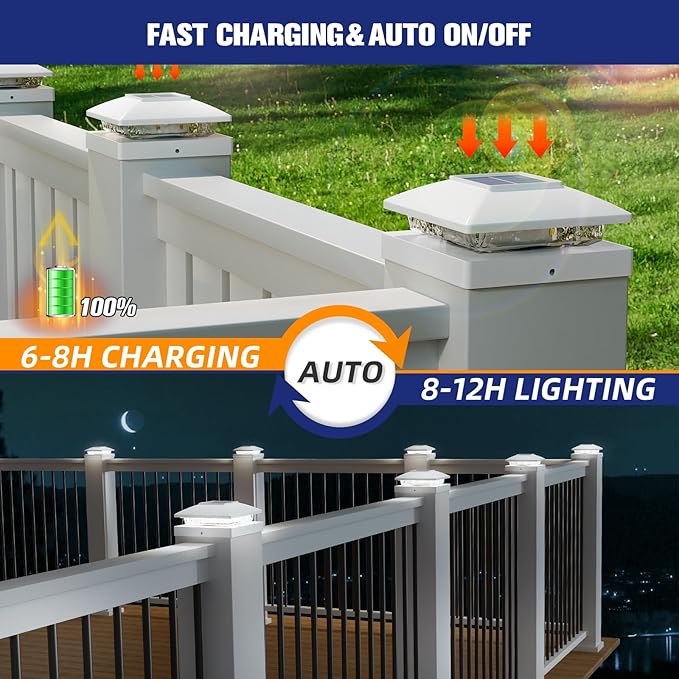 APONUO Solar Post Cap Lights for 4x4 Wood & Vinyl Posts, IP44 Waterproof Cool White LED 4x4 Post Solar Lights, Outdoor Garden Patio Yard Decor, 8 Pack (White)