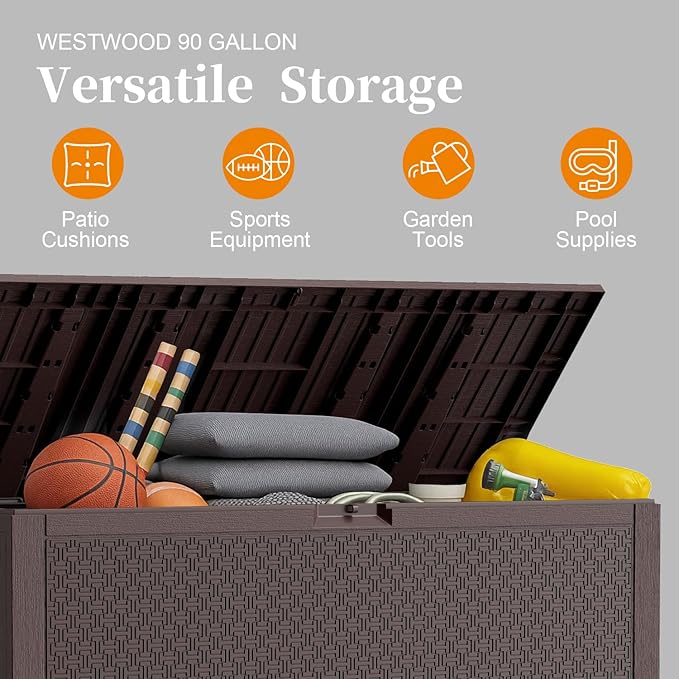 90 Gallon Resin Deck Box, Weatherproof Outdoor Storage Box for Patio, Garden, Pool, and Yard, Lockable Waterproof Bin for Tools, Cushions, and Accessories, Brown