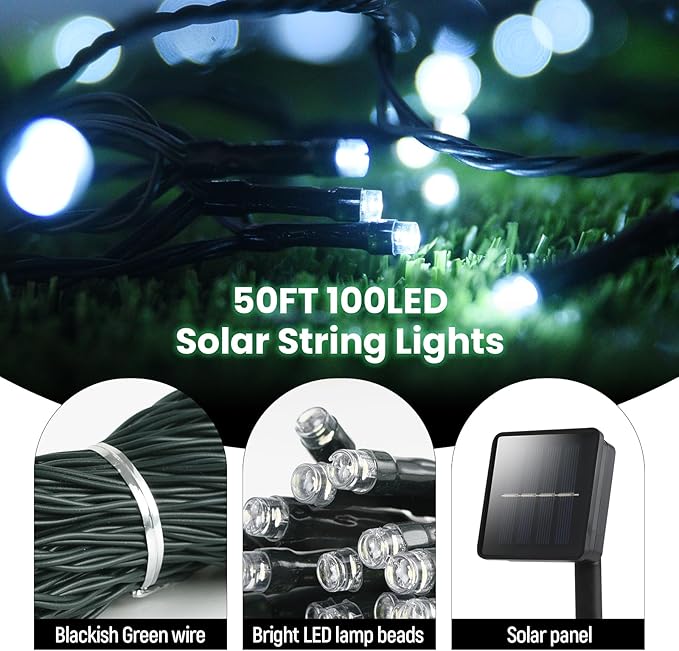 Solar String Lights 2 Pack 100ft Outdoor Waterproof 200 Led Fairy Lights 8 Modes - Ideal for Garden, Courtyards, Trees (Cool White)