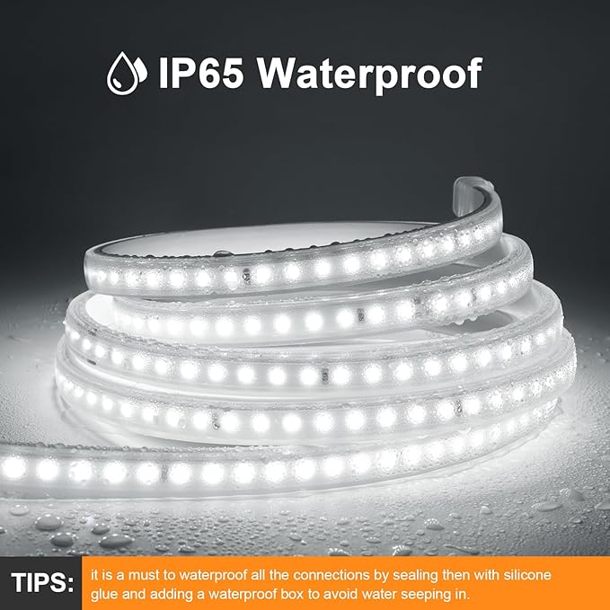 AIMENGTE Outdoor LED Strip Lights Waterproof, AC 110V, 1200LEDs, 6500k LED Rope Bright Lights for Garden, Patio, Indoor Under Cabinet Home Christmas Decoration(32.8ft, Cool White)
