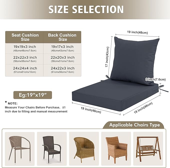 Outdoor Chair Cushions Set of 2, Waterproof Outdoor Cushions for Patio Furniture w/Fade-Resistant, Removable & Machine-Washable Covers, 19x19 Inch, Ideal for Seat in Gardens/Porch, Dark Grey