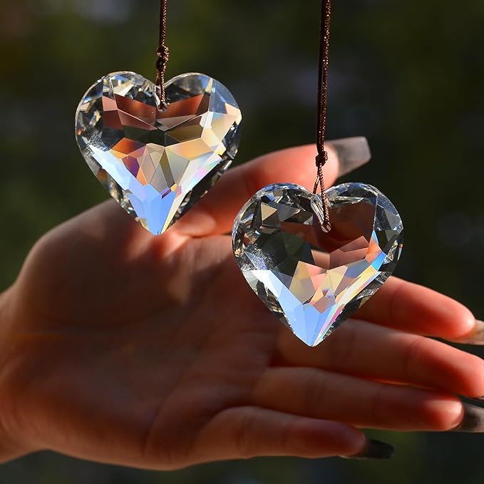 2PCS Heart Crystal Sun Catcher Prisms, STINO Hanging Suncatchers with Glass Prism Decor, Rainbow Maker for Windows, Room, Kitchen, Garden Crystal Decor (1, Heart Clear 2Pcs)