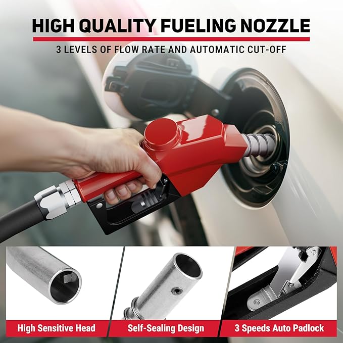 Retractable Diesel Fuel Hose Reel - 1 inch x 33ft Spring Driven Auto Swivel Rewind Hose Holder Reel with Fueling Nozzle, 300 PSI Industrial Steel for Aircraft Ship Vehicle Tank Truck, Red