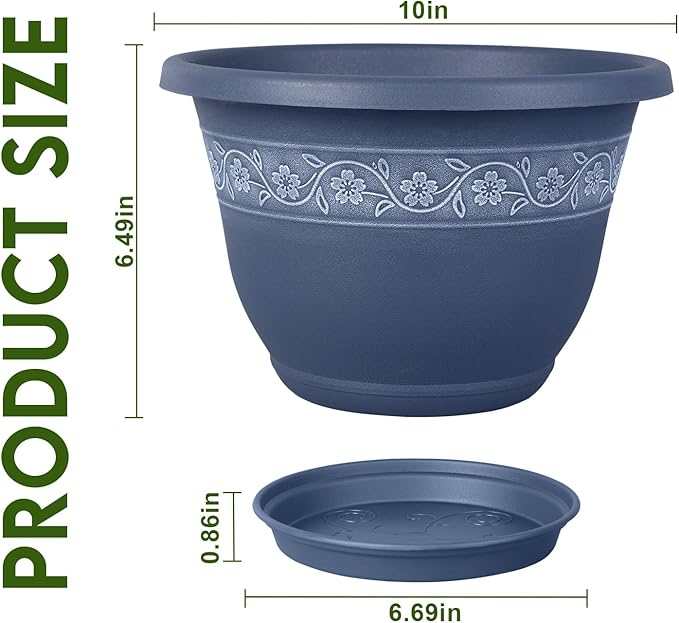 10 Inch Plant Pots with Drainage Hole - Lightweight Flower Pots for Herbs and Flowers - Home Decor Plastic Planters for Indoor Outdoor Plants- Pack of 4 (Blue, 10 inch)