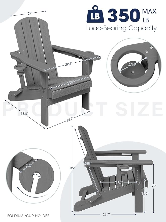 KINGYES Folding Adirondack Chair Set of 6, Dual Cup Holders & All-Weather HDPE, Wood-Like Patio Chair for Backyard, Camping, Pool & Fire Pit, Grey