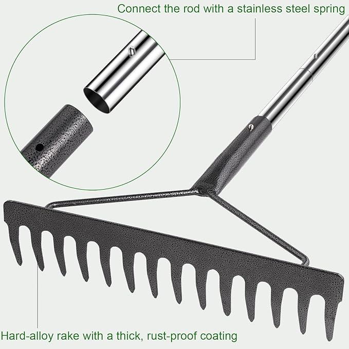 Sturdy Garden Rakes for Leaves: Metal Rake Heavy Duty Tool for Quick Clean Up of Lawn and Yard, 38’’--63’’ Adjustable Long Handle and 14Tines