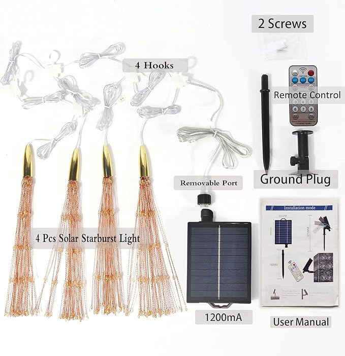 4 Pcs 800LED Solar Starburst Sphere Lights,Firework Lights Remote Control Timer 8 Modes Dimmable Waterproof Hanging Fairy Lights, Sparkly Lights for Patio Garden Tent Outdoor(Warm White)