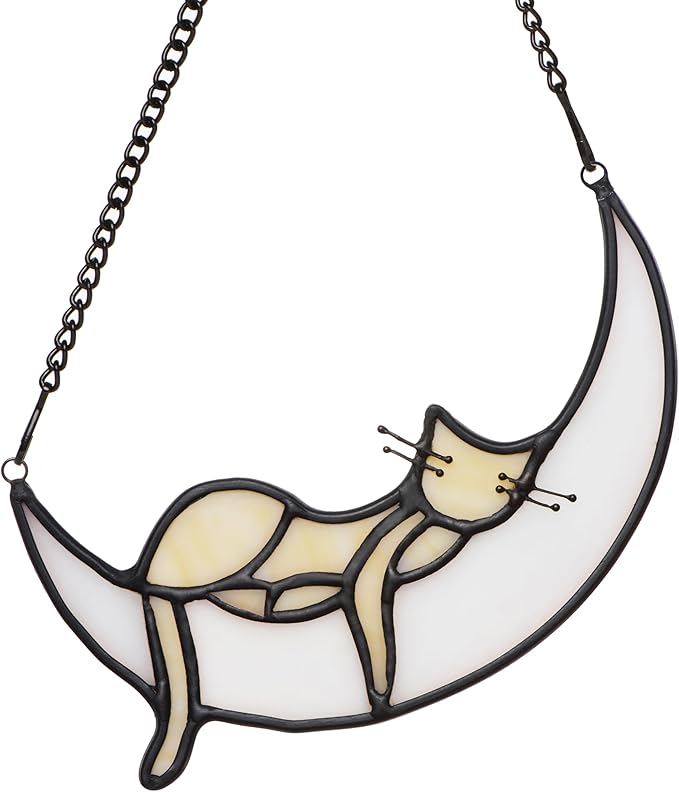 Yellow Cat Decor On Blue Moon Stained Glass for Window, Crystals Suncatchers for Window Ball Prism Rainbow Maker Chain Easy Hanging 2 Balls and 1White Gift Boxes for Cat Lovers Halloween Decor