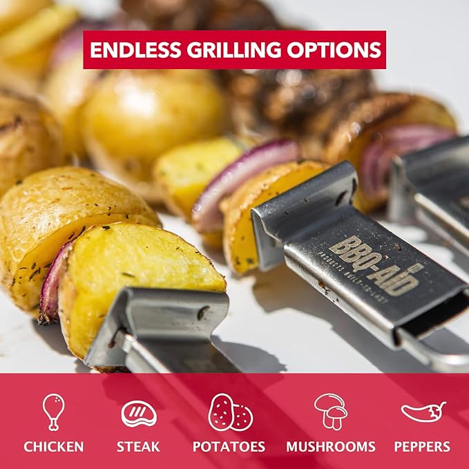 BBQ-AID Premium Barbecue Double Pronged Stainless Steel Skewers for Grilling - Quick Release Kebab Sticks for Veggies & More