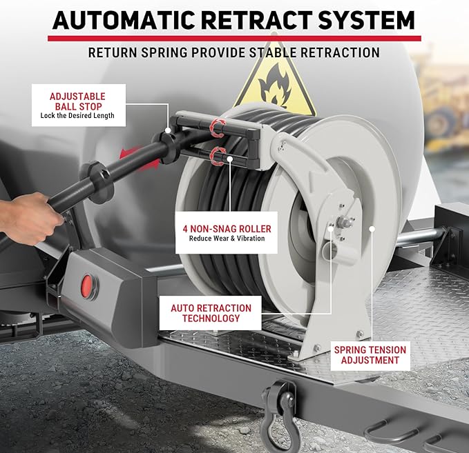 Fuel Hose Reel 1" x 33', 300 PSI Heavy-duty Steel Construction with Refueling Nozzle, Diesel Fuel Reel Used for Aircraft Ship Vehicle Tanker Truck