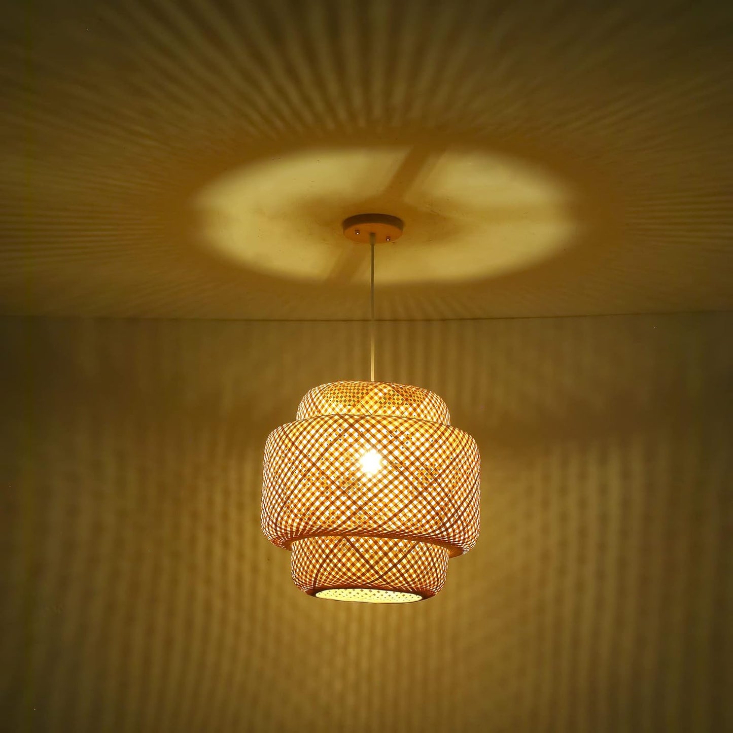 Bamboo Pendant Light - Boho Basket Chandelier Handmade Woven Pendant Light, Natural Wicker Rattan Hanging Chandelier for Kitchen Island Dining Room Living Room Porch