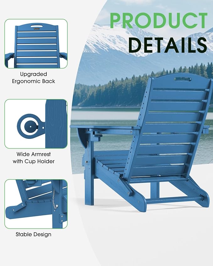 Adirondack Chairs Set of 4, Outdoor Fire Pit Chairs, HDPE All-Weather Adirondack Chairs with Cup Holder, Lawn Chair for Deck, Patio, Garden (NavyBlue)