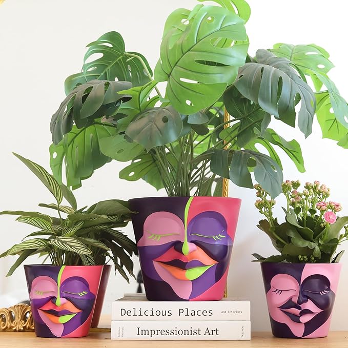GUGUGO Face Planters Pots with Drainage, Flower Plant Pots for Indoor Plants, Unique Funny Small Succulent Desk Vase for Plant Lover Gifts (Bicolor-Green & White, 5.5Inch)