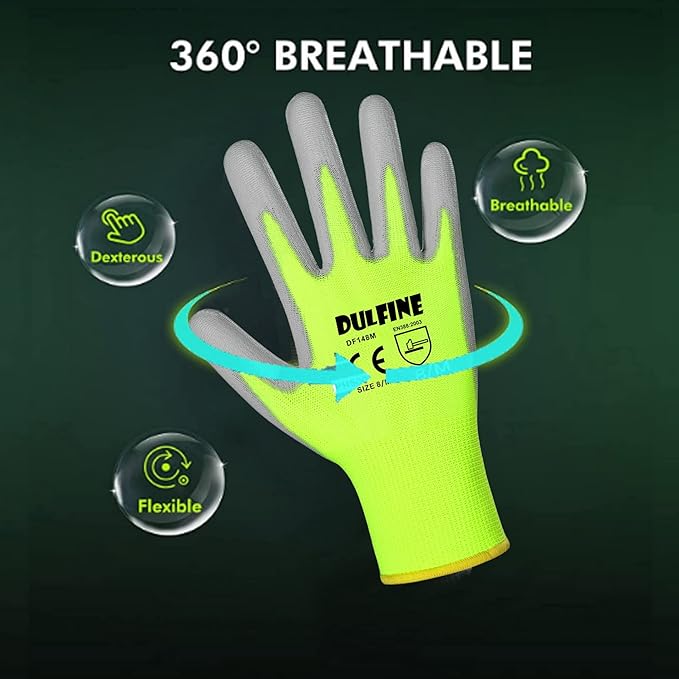 DULFINE Safety Work Gloves for Men PU Coated 60 Pairs Bulk Pack,Hi-Vis Yellow Seamless Knit Glove with thin Polyurethane Coated Smooth Grip on Palm & Fingers,Ideal for General Duty Work (Extra Large)
