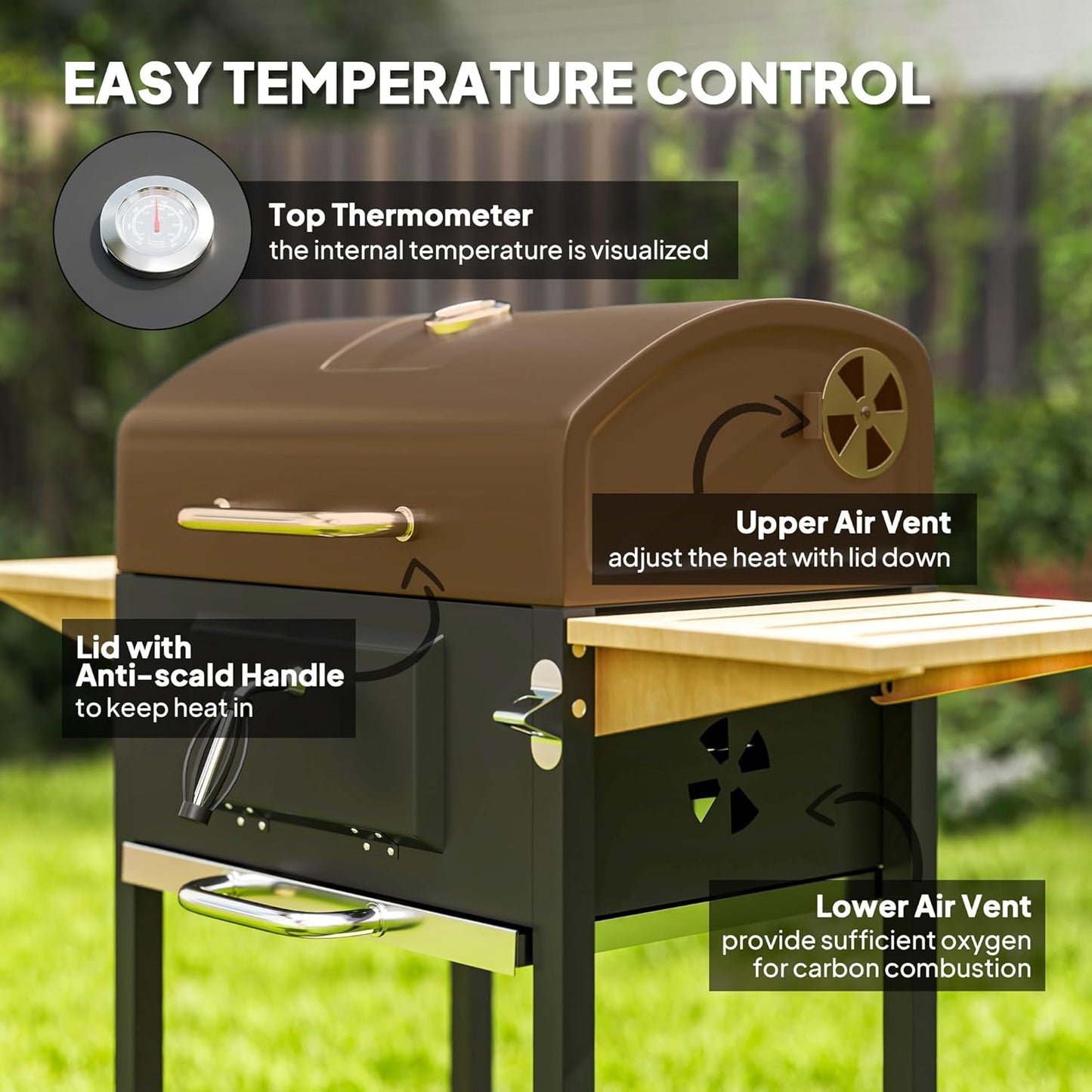 Outsunny Charcoal BBQ Grill with 245 sq. in. Cooking Area, Outdoor Barbecue Grill with Adjustable Charcoal Pan, 3 Shelves, Thermometer, Wheels for Patio, Backyard, Party, Picnic, Black
