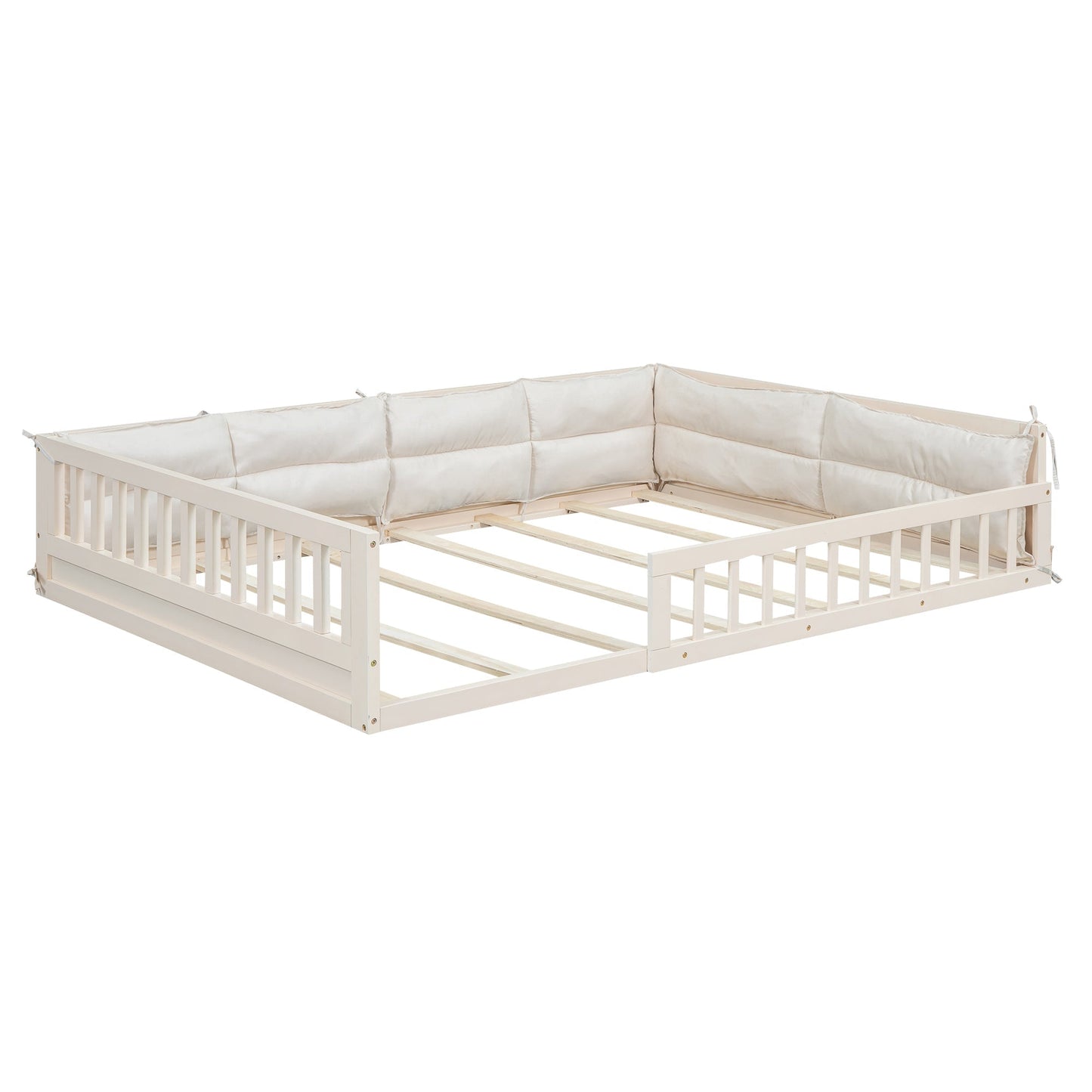 Wood Full Size Upholstered Platform Bed with Guardrail and Pillow
