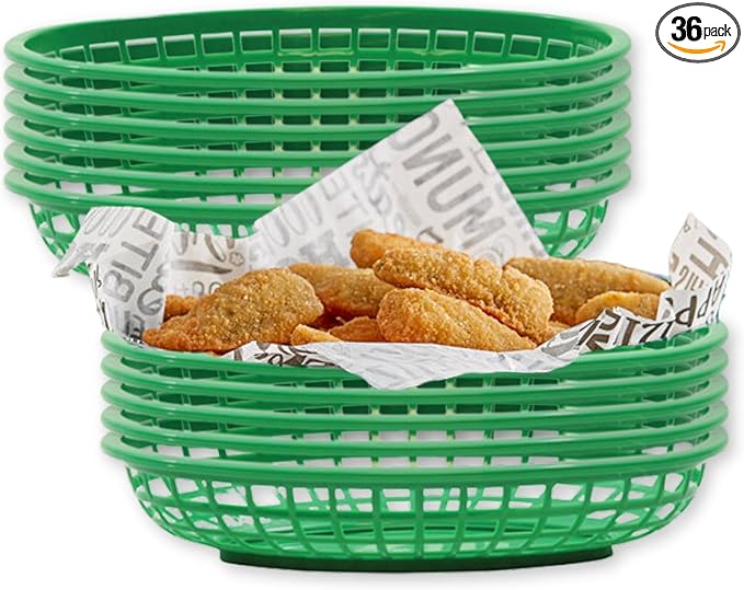 TableCraft C1074G Oval Cash and Carry Basket, Green, Stackable Plastic Food Baskets, 9.31" x 6.18" x 1.88", Pack of 12, Dishwasher Safe