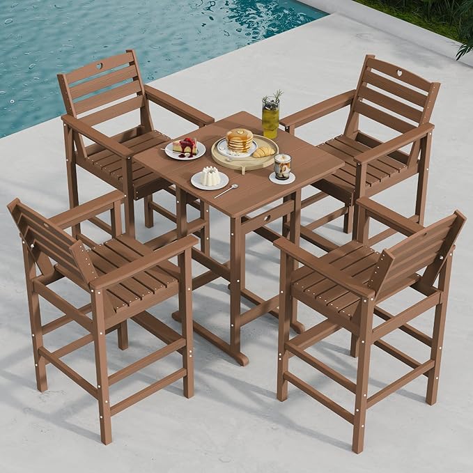 Tall Adirondack Chairs Set of 4, HDPE Wood Balcony Adirondack Chairs Set with Heart Cutout Design, Weather-Resistant Bar Height Furniture for Deck, Porch, Pool (Teak)