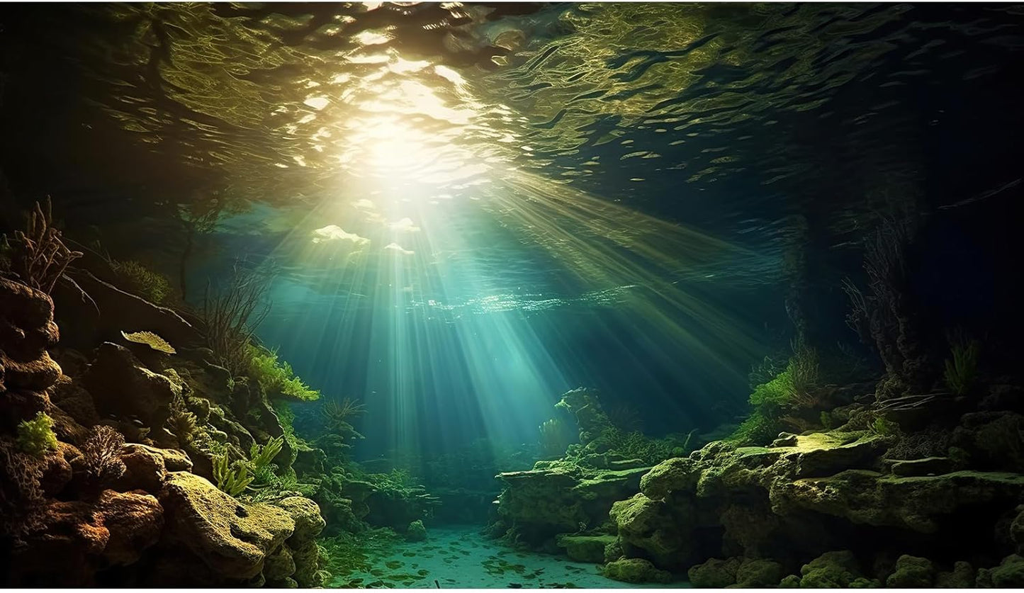Fish Tank Background Under The Sea Aquarium Background Ocean Floor Sunray Rock Terrarium Backgrounds Coral Reef Aquatic Plants Underwater Cave Aquarium Wallpaper for Fish Tank Decorations 60x24in