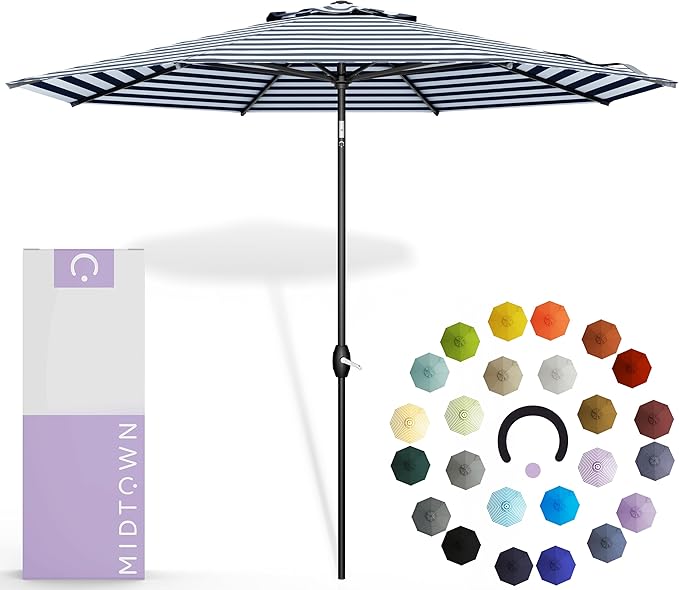 Midtown Umbrellas 10-Year-No-Fade - 8 Ft - UV Proof Navy/White Stripes Fabric - Umbrella Outdoor Patio, Auto-Tilt Aluminum Frame Patio Umbrella for Garden, Pool & Deck - Black Pole