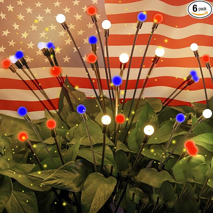 OZS 6pack Solar American Flag Lights - 4th of July Solar Garden LED Outdoor Waterproof Firefly Light for Memory Day, Independence Day, National Day Decoration (Red White Blue)