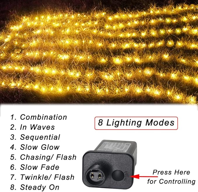 Pooqla Net Lights, 300LED Christmas Outdoor Mesh, 14.8x4.9 ft Fairy String 8 Modes Green Wire, Connectable Waterproof Decorative for Bushes Tree Garden Halloween, Warm White