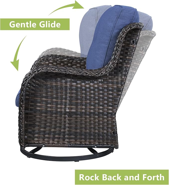 Outdoor Wicker Patio Furniture Set - 6 Piece Rattan Patio Conversation Set with 2 Rocking Swivel Chairs,2 Ottomans,1 Sofa and 1 Side Table for Porch Deck Backyard Garden(Brown/Blue)