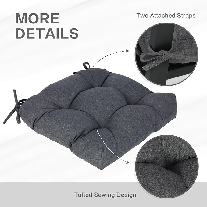 Aoodor 19" x 19" x 5" Tufted Outdoor Chair Cushions, Water Resistant & Fade Resistant Polyester Dining Chair Pads with 2 Straps for Patio Furniture, Set of 4
