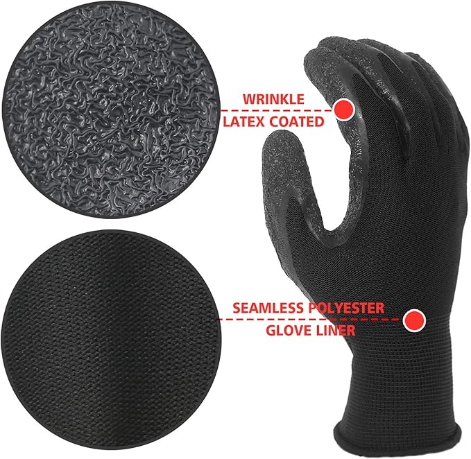 Evridwear Crinkle Latex Rubber Hand Coated Safety Work Gloves for Men Women General Multi Use Construction Warehouse Gardening Assembly Landscaping (L-Size) 12 Pairs Pack