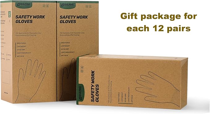 DULFINE Work Gloves for Men PU Coated 12 Pairs Bulk Pack,Pink Seamless Knit Glove with thin Polyurethane,Two Finger Touchscreen, for Men and Women, Ideal for Light Duty Work. (Large)