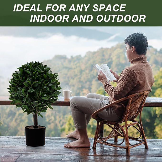 24" Outdoor Evergreens in Outdoor Artificial Shrub Potted Plant Plant for Indoor Porch of Home and Office 2 Pieces a Set Topiary Trees Faux Boxwood with Spike. Easy to Push in The Ground